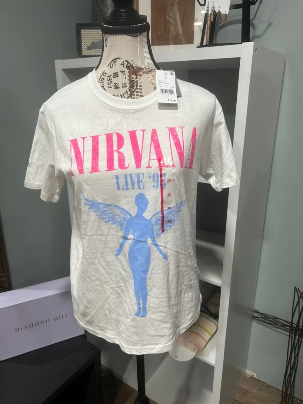 NIRVANA White Short Sleeve Tee with Pink Logo and Blue Graphic - Picture 1 of 3